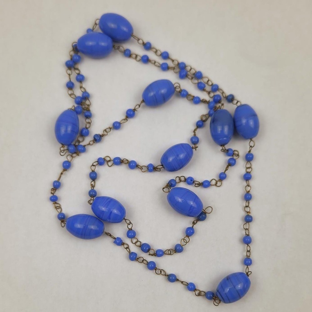 Antique Blue Swirl Glass Flapper Chain Necklace Hand Wired - Picture 2 of 11
